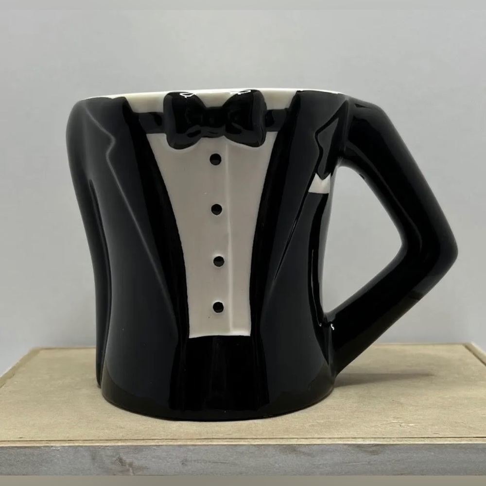 Pier 1 Imports Tuxedo Coffee Mug Cup Hand Painted Black White Tux Groom